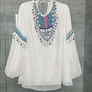Boston Proper White Blouse with Blue and Pink Embroidery